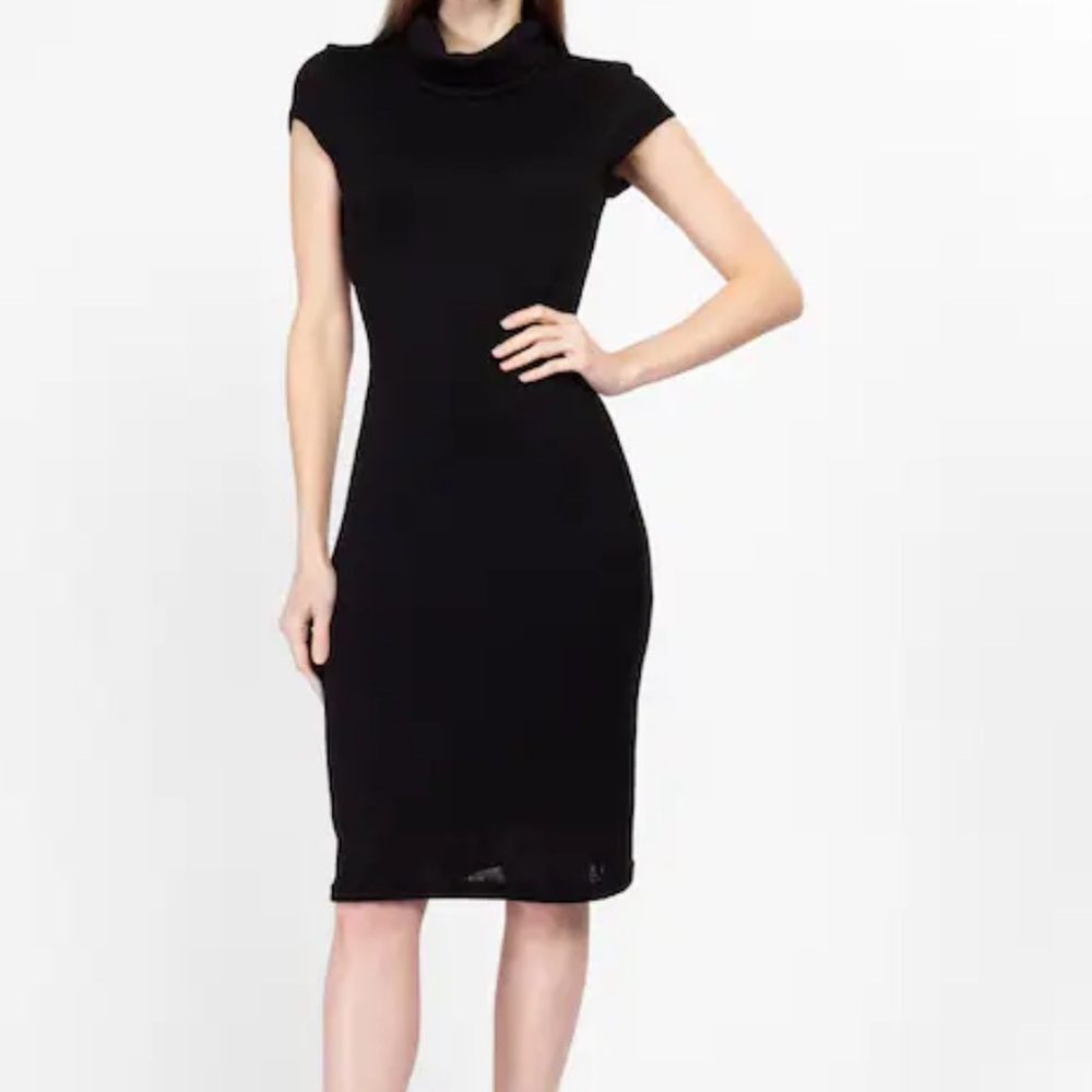 90s Black Slinky Mock Collar Dress L Black Stretch Midi Vintage Lined Taylor NY
